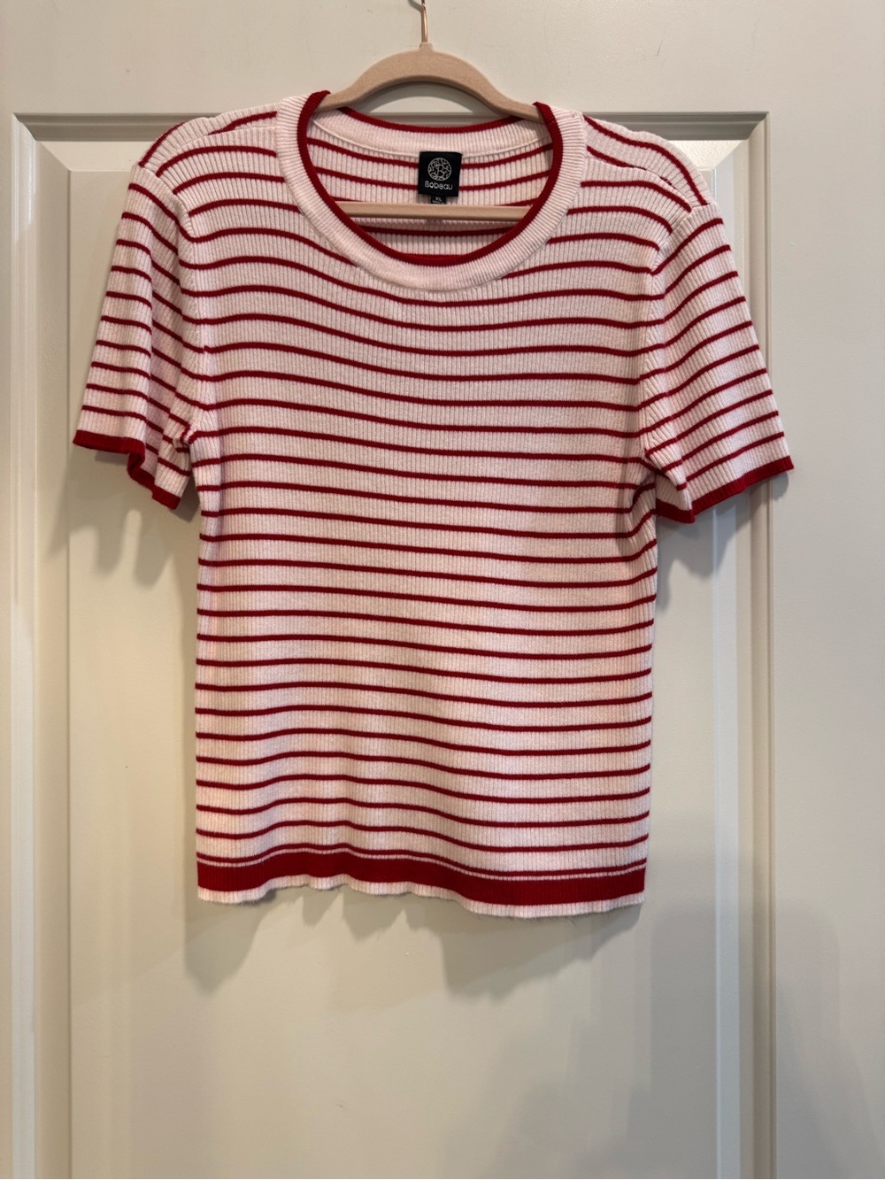 bobeau Red and White Striped Short Sleeve Rib Knit Top